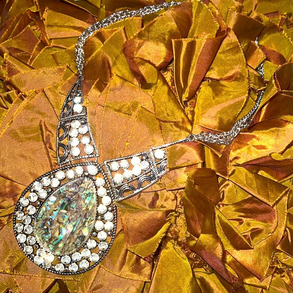 Large sterling silver necklace with costume rhinestones and marble center